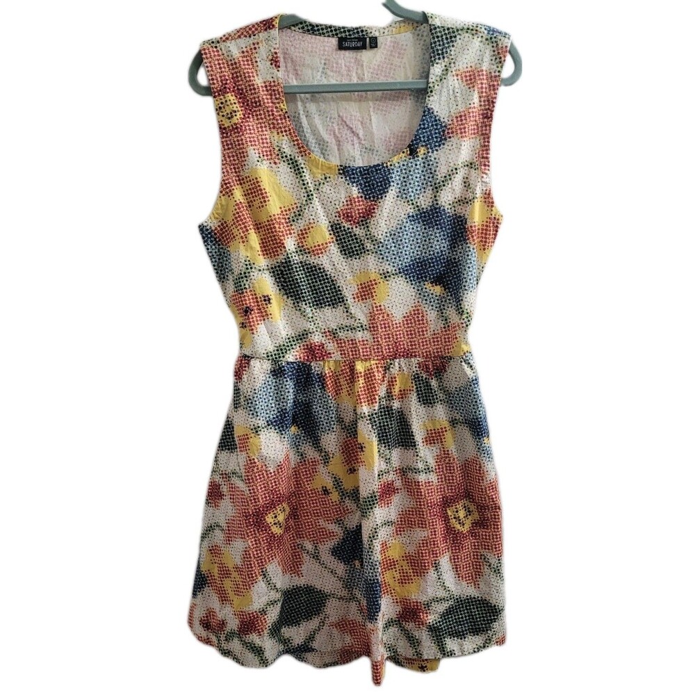 Kate Spade Saturday Pop Art Pixel Floral Dress L Cotton Fit Flare Mod Pockets